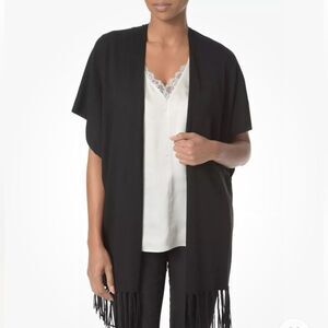 NYDJ Black Fringe Sweater Wrap Open Front Knit Shawl Poncho One Size